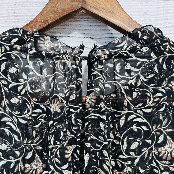 Velvet by Graham & Spencer Black Floral Print Midi Dress Tie Waist Ruffled Small - Picture 4 of 14